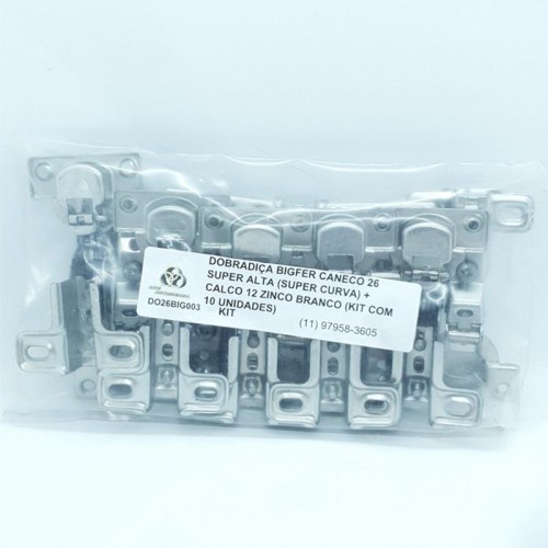 Dobradiça Bigfer Caneco 26 Super Alta (Super Curva) + Calco 12 Zinco Branco (Kit Com 10 Unidades)