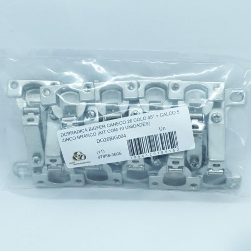 Dobradiça Bigfer Caneco 26 Colo 45° + Calco 5 Zinco Branco (Kit Com 10 Unidades)