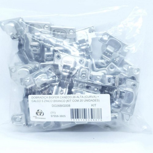 Dobradiça Bigfer Caneco 26 Alta (Curva) + Calco 5 Zinco Branco (Kit Com 20 Unidades) Dobradiça Bigfer Caneco 26 Alta (Curva) + Calco 5 Zinco Branco (Kit Com 20 Unidades)