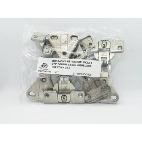 Dobradiça Hettich Selekta 4 270° Cobrim. 5,5Mm Niquelada (Kit Com 4 Un.)