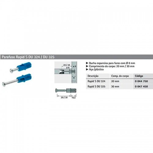 Parafuso Rastex Rapid Hettich Du 325 (Padrão 34Mm) Para Furo 8 Mm Azul (Kit Com 200 Un) Parafuso Rastex Rapid Hettich Du 325 (Padrão 34Mm) Para Furo 8 Mm Azul (Kit Com 200 Un)