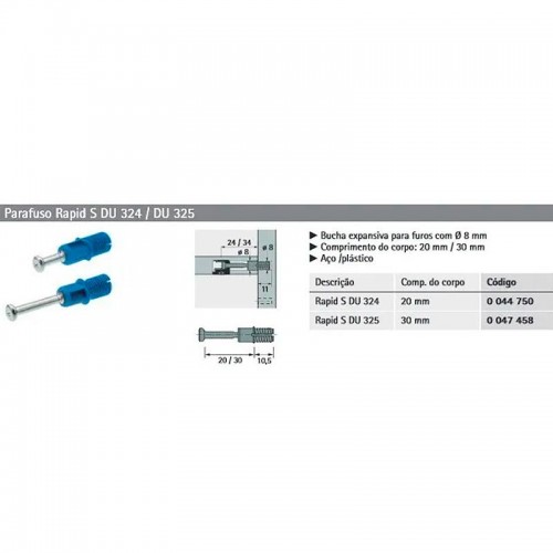 Parafuso Rastex Rapid Hettich Du 325 (Padrão 34Mm) Para Furo 8 Mm Azul (Kit Com 25 Un) Parafuso Rastex Rapid Hettich Du 325 (Padrão 34Mm) Para Furo 8 Mm Azul (Kit Com 25 Un)
