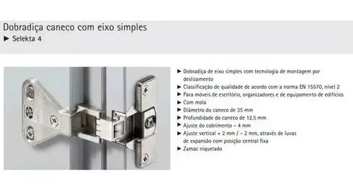 Dobradiça Hettich Selekta 4 270° Cobrim. 11Mm Niquelada (Kit Com 4 Un.) Dobradiça Hettich Selekta 4 270° Cobrim. 11Mm Niquelada (Kit Com 4 Un.)