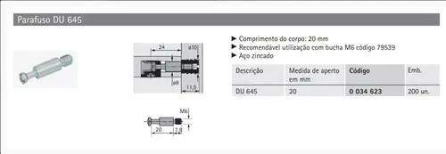 Parafuso Rastex Hettich Du 645 M6 X 31,5 Mm Zinco Branco (Kit Com 200 Un)
