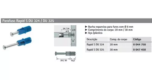 Parafuso Rastex Rapid Hettich Du 325 (Padrão 34Mm) Para Furo 8 Mm Azul (Kit Com 200 Un) Parafuso Rastex Rapid Hettich Du 325 (Padrão 34Mm) Para Furo 8 Mm Azul (Kit Com 200 Un)