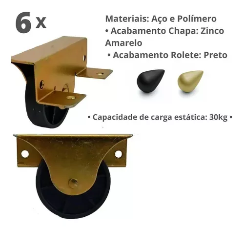 Rodizio P/Cama Auxiliar Tipo Gavetão Rb 50 Zinco Amarelo (Kit C/6 Un)
